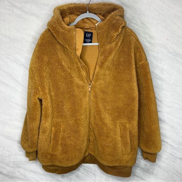 GAP Tan Sherpa Hooded Zip-Up Sweater Large - Picture 1 of 6